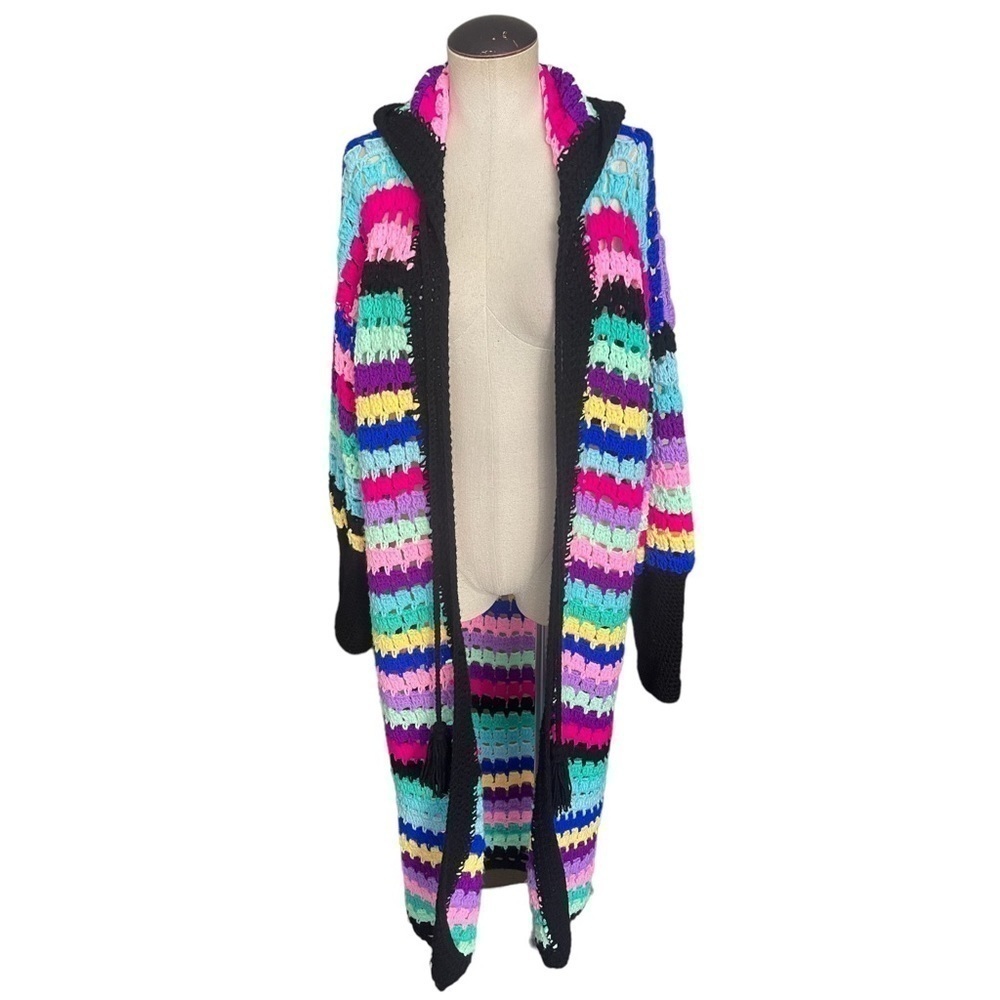 Rare Matimì Crochet Long Cardigan Sweater w/ Hood in Multicolor Stripes One Size - Picture 5 of 12